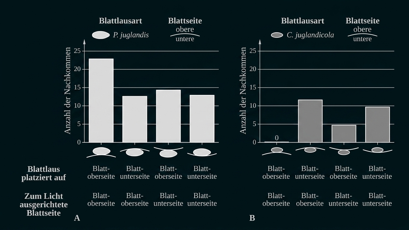 Diagramm mit Balken zur Anzahl der Nachkommen bei Blattläusen auf Ober- und Unterseite von Blättern.